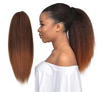 Allyreetress Yaki Extension de queue de cheval synthétique à clipser avec cordon de serrage pour femme noire, 50,8 cm (noir à marron)