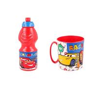 ALMACENESADAN, 4923, Pack retour à l'école Disney Cars ; composé de tasse micro-ondes 350 ml et bouteille d'eau 400 ml, produit réutilisable, sans BPA