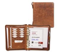 ALMADIH Agenda 2026 en cuir de vachette de qualité supérieure - Avec mécanisme à anneaux - Fermeture éclair - Format A5-O-D - Marron