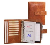ALMADIH Agenda en cuir vrai A6 avec calendrier 2025 + bloc-notes - marron deluxe Portefolio Porte documents Timer Chemise de dossier Carnet Organiseur Conférencier d’affaires Parfait pour réunion