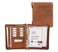 ALMADIH Calendrier 2026 en cuir de vache de qualité supérieure avec mécanisme à anneaux, fermeture éclair, bloc-notes, organiseur de conférence, marron (A5-O-D)