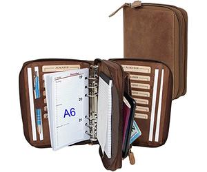 ALMADIH portfolio duo A6 en cuir avec 2 pochettes fermeture éclair, calendrier 2025 + bloc-notes inclus, marron vintage - Agenda personnel d’affaires Porte documents personnel Organiseur
