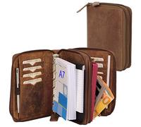 ALMADIH portfolio duo A7 en cuir avec 2 pochettes fermeture éclair, calendrier 2025 + bloc-notes inclus, marron vintage - Agenda personnel d’affaires Porte documents personnel Organiseur