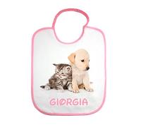 ALMATEX SRL maternelle personnalisée avec nom bavoir éponge avec élastique 27 x 30 cm, personnalisé Made in Italy - Livraison rapide, Paire de chiens et chats roses
