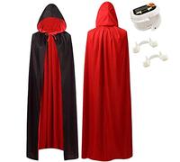 ALMDA Halloween Vampire Cape, Déguisement Cape à Capuche Noir Rouge Double Face, Costume de Vampire Moyen Âge Adulte Homme Femme, avec des Crocs de Vampire