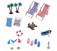 Almencla Miniature Plage Scène Set de Décor, Ensemble De Plage Miniature avec Palmiers, Chaises Longues Rayées, Sable Bleu, Coquillages, Tortue, Bouée De Sauvetage, Parasols, Tongs Et Phare
