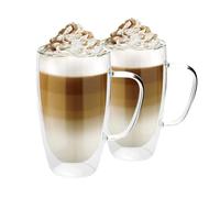 Almineez Lot de 2 tasses à café en verre à double paroi (450 ml), isolation thermique en verre borosilicate avec poignée pour thé, café, latte, cappuccino, boissons chaudes et froides
