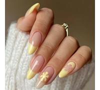 Almond Press On Nails Short Fall Fake Nails with Designs, Full Cover French Tip False Nail with Jelly Glue, Glossy Brown Gradient Artificial Reusable Stick On Nail for Women