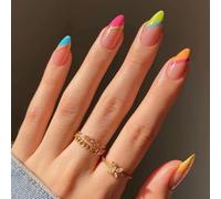 Almond Press On Nails Short Fall Fake Nails with Designs, Full Cover French Tip False Nail with Jelly Glue, Glossy Brown Gradient Artificial Reusable Stick On Nail for Women