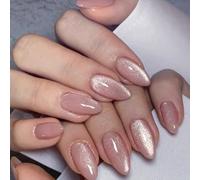 Almond Press On Nails Short Fall Fake Nails with Designs, Full Cover French Tip False Nail with Jelly Glue, Glossy Brown Gradient Artificial Reusable Stick On Nail for Women