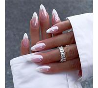 Almond Press On Nails Short Fall Fake Nails with Designs, Full Cover French Tip False Nail with Jelly Glue, Glossy Brown Gradient Artificial Reusable Stick On Nail for Women