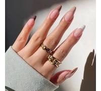 Almond Press On Nails Short Fall Fake Nails with Designs, Full Cover French Tip False Nail with Jelly Glue, Glossy Brown Gradient Artificial Reusable Stick On Nail for Women