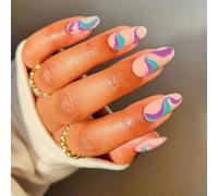 Almond Press On Nails Short Fall Fake Nails with Designs, Full Cover French Tip False Nail with Jelly Glue, Glossy Brown Gradient Artificial Reusable Stick On Nail for Women