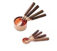 Alnicov Lot de 8 tasses à mesurer et cuillères à mesurer en acier inoxydable doré rose avec poignée en noyer pour ingrédients secs et liquides de cuisine