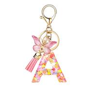 Alnicov Porte-clés Alphabet A, Lettre Initiale avec Pendentif en résine avec Pompon Papillon, Style Rose Mignon pour Famille, ami, Cadeau, Sac à Main, Bagage, Voyage, décoration de Voiture