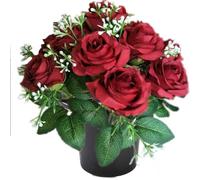 ALNIYATX Lot de 12 roses artificielles en pot pour tombe - Idéales pour cimetière et décorations funéraires - Rouge