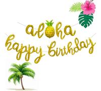 Aloha Ballons en aluminium avec inscription « Happy Birthday » - 45,7 cm - Décoration de fête d'anniversaire Luau hawaïenne - Bannière de ballons en aluminium pour plage, flamant rose tropical