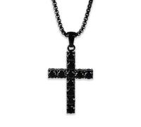 Aloha Collier croix homme en acier noir avec zircon cubique noir, collier pendentif pierre coupe ronde avec chaîne noire 50 cm réglable, colliers pendentifs longs bijoux pour homme