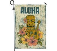 Aloha Tiki Drapeau de jardin, fleurs hawaïennes jaunes, décoration extérieure, bannière sur le thème de l'été, décoration de cour double face pour fêtes sur la pelouse, 30,5 x 45,7 cm