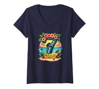 Aloha to Seven Years : Cadeau d'anniversaire hawaïen T-Shirt avec Col en V, Femme, Bleu Marine, XXL