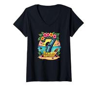 Aloha to Seven Years : Cadeau d'anniversaire hawaïen T-Shirt avec Col en V, Femme, Noir, S