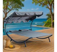 CONCEPT USINE - Lit De Jardin & Transat avec Pare-Soleil Aloha 2 Personnes Gris - 2 Oreillers - Tissu Oxford 100% Polyester - Déplacement Facile 2 Roues, Confortable, Imperméable, Résistant