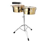 Alomejor Ensemble de Batterie Timbale à Percussion Latine, Tambour Unique en Métal avec Coque Courte, Comprend 2 Tambours, 2, 4 Supports, 1 Cloche, pour la Musique Populaire et la (GOLD)
