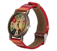 Alomejor Montre Hippie Multicolore Bohème Mode Bracelet en Cuir Montre Rétro Bouton Batterie Steampunk Montre pour Femme Montre (Rouge)