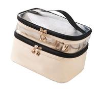 Alomejor Trousse de Maquillage Double Couche Imperméable, Grande capacité, Sacs à Cosmétiques de Voyage pour Femmes et Filles, Cuir PU 23x7x16cm (Beige)
