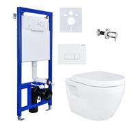ALONI WC suspendu complet sans rebord, bidet Taharet/bidet en acier inoxydable avec vanne d'arrêt, élément de paroi 3/6 L, profondeur du réservoir 80 mm, thermodurcissable, plaque d'actionnement