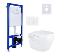 Aloni WC suspendu, kit complet, sans bidet, fixation murale, céramique lisse, élément de paroi 3/6 l, profondeur du réservoir 80 mm, thermodurcissable, plaque d'actionnement, technologie silencieuse