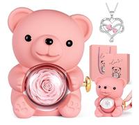Aloskart Ours en Rose Eternelle, Ourson Rose Eternelle avec Boîte à Bijoux Cachée et Collier en Forme de Cœur, Fete des Meres, Cadeau Anniversaire Femme, Cadeau Femme, Saint-Valentin(Rose)