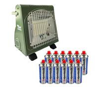 Alpen Camping - Chauffage gaz 1700W + 12 Cartouches gaz Butane - Chauffage d'appoint Extérieur Vert avec Sécurité thermocouple ODS
