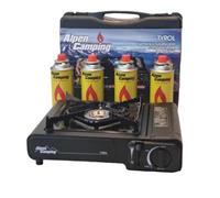 ALPEN CAMPING Réchaud à gaz portable + 4 cartouches de gaz + coffret de réchaud de camping 2 fonctions