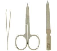 Alpen Kit de manucure 3 pièces en acier inoxydable avec ciseaux pour la peau et les ongles, pince à épiler, lime à ongles et étui noir