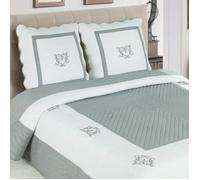 ALPES BLANC - Boutis Peaceland Gris 230x250 cm - Couvre lit bicolore brodé 100 % coton + 2 taies assorties 65x65 cm léger et élégant