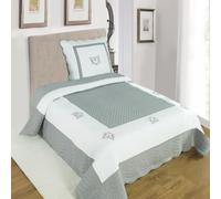 Alpes Blanc - Couvre lit boutis Peaceland 100% Coton + taie(s) carrée(s) Assortie(s) - Brodé, léger et Doux - Bicolore