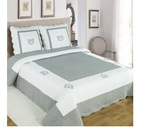 ALPES BLANC - Couvre lit boutis Peaceland Gris 100% coton 230x250 cm + 2 taies carrées assorties - Brodé, léger et doux - Bicolore