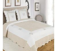 Alpes Blanc Couvre-lit Brodé Peaceland/Dessus de lit 100% Coton/Boutis Grandes Tailles/Jeté de lit Bicolore (Lin/Beige, 260x260)