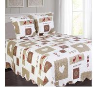 ALPES BLANC - Couvre lit Megève 230x250 cm + taies - Boutis montagne inspiration chalet savoyard, motif cœurs et cerfs