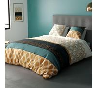 Alpes Blanc - Housse de Couette 220x240 cm BANGUII + 2 taies 100% Coton 57 Fils - Parure de lit Patterns géométriques moutardes et Bleus