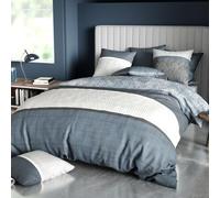 Alpes Blanc - Housse de Couette 220x240 cm Bréhat 100% Coton 57 Fils - Parure de lit Lignes Grises et Bleues avec 2 taies d'oreiller carrées