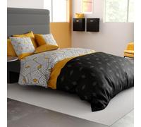 Alpes Blanc - Housse de Couette 220x240 cm Faro - Parure de lit géométrique Jaune Moutarde et Noir 2 taies - 100% Coton 57 Fils - Oeko-TEX