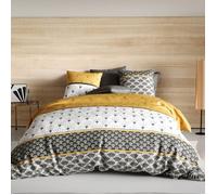 ALPES BLANC - Housse de couette 220x240 cm LÉO + taies - Design Art Déco jaune moutarde et gris - 100% coton - Finition boutons