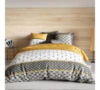 Alpes Blanc - Housse de Couette 220x240 cm LÉO + taies - Design Art Déco Jaune Moutarde et Gris -100% Coton - Finition Boutons - Oeko-Tex