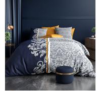 ALPES BLANC - Housse de couette 260x240 cm ARABESQUE - Parure de lit Orientale bleu marine et safran 100% coton 57 fils + 2 taies