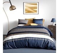 Alpes Blanc - Housse de Couette 260x240 cm KALYPSO 100% Coton 57 Fils - Parure de lit Lignes Graphiques Bleues et ocres + 2 taies d'oreiller