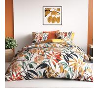 Alpes Blanc - Housse de Couette 260x240 cm Ninon - Motifs orangés Jungle et Oiseaux Exotiques - 100% Coton 57 Fil + 2 taies - Oeko-Tex