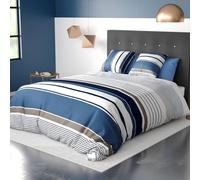 Alpes Blanc - Housse de Couette Belize à Rayures Bleues, Taupes et Blanches 220x240 cm + 2 taies carrées - 100% Coton 57 Fils