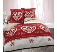 Alpes Blanc - Housse de Couette Coton 220x240 Chalet Winter Rouge + 2 taies - 100% Coton - 57 Fils/cm² - Grand Teint- Finition Rabat à Border